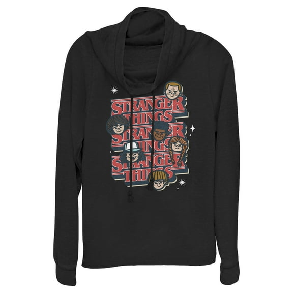 Netflix Junior's Stranger Things The Gang Cartoon Logo Cowl Neck Sweatshirt Black Medium