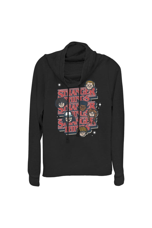 Netflix Junior's Stranger Things The Gang Cartoon Logo Cowl Neck Sweatshirt Black Medium