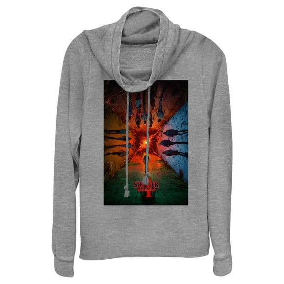 Netflix Junior's Stranger Things The Rift Has Many DiNetflix Men'sions Poster Cowl Neck Sweatshirt Gray Heather 2X Large