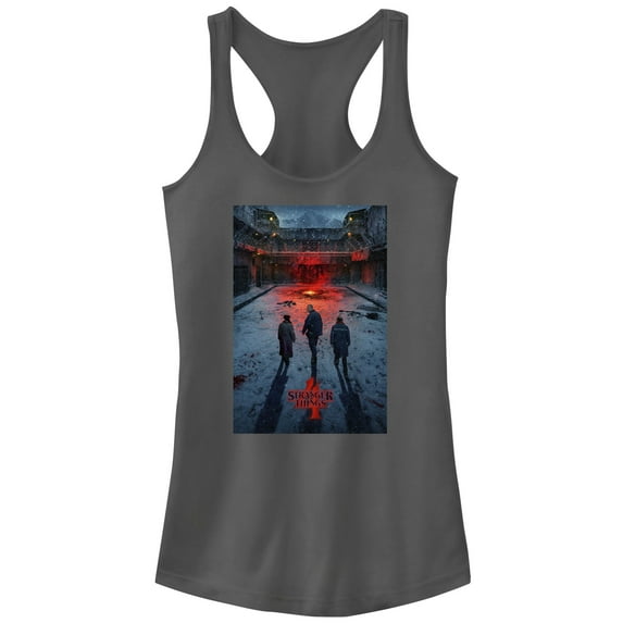 Netflix Junior's Stranger Things Winter Rift Russia Poster Racerback Tank Top Charcoal / Winter Medium