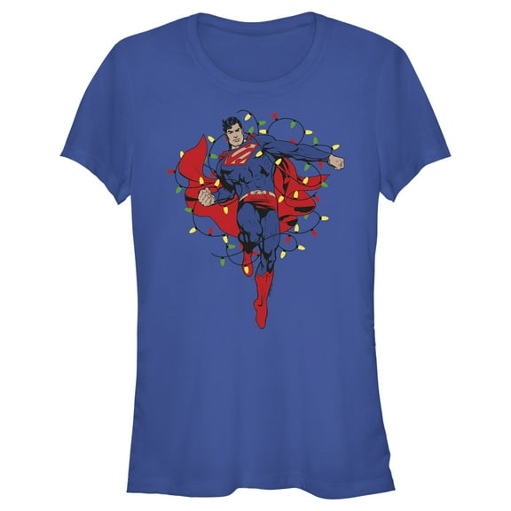 Junior's Superman Christmas Lights  Graphic Tee Royal Blue Medium