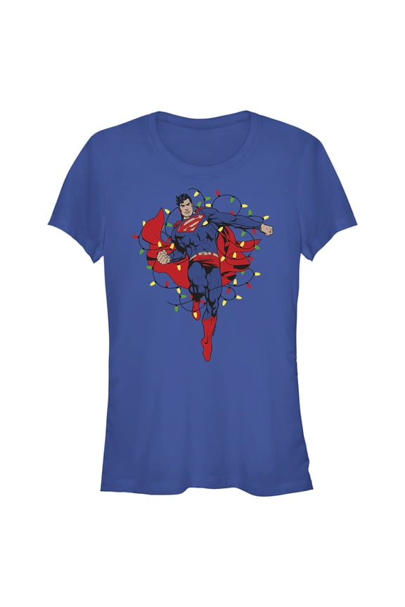 Junior's Superman Christmas Lights  Graphic Tee Royal Blue X Large