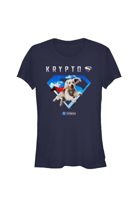 Junior's Superman Krypto Blue Sky Logo Graphic T-Shirt
