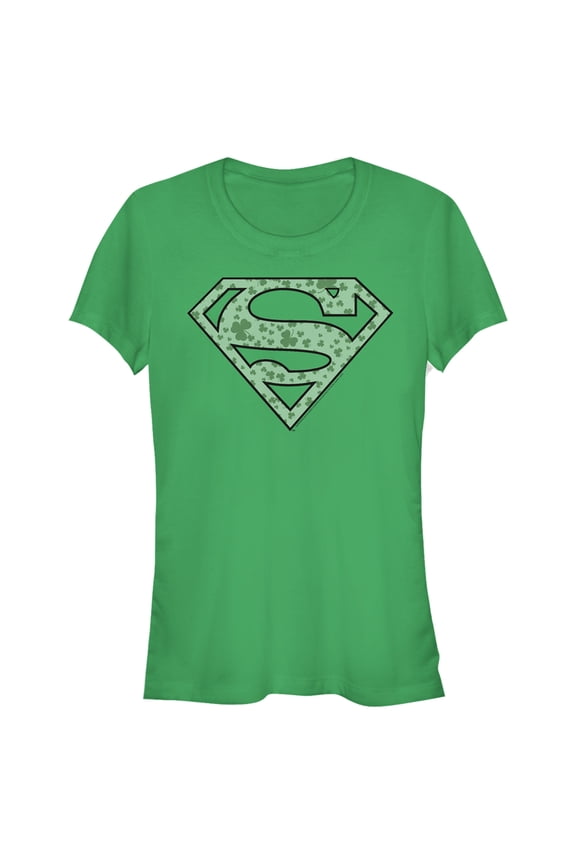 Junior's Superman St. Patrick's Day Shamrock Logo Graphic Tee Kelly Green Medium