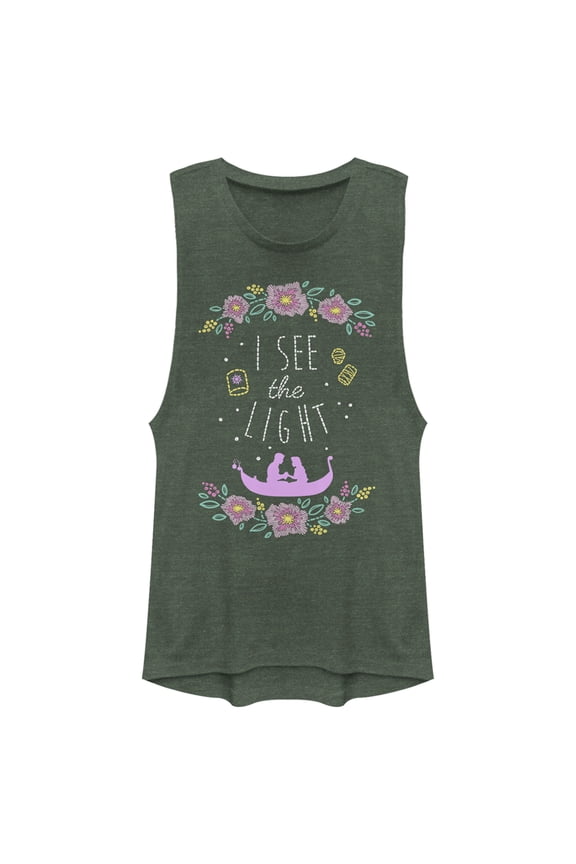 Junior's Tangled Rapunzel and Flynn I see the Light Festival Muscle Graphic Tee Pine Green Heather Large