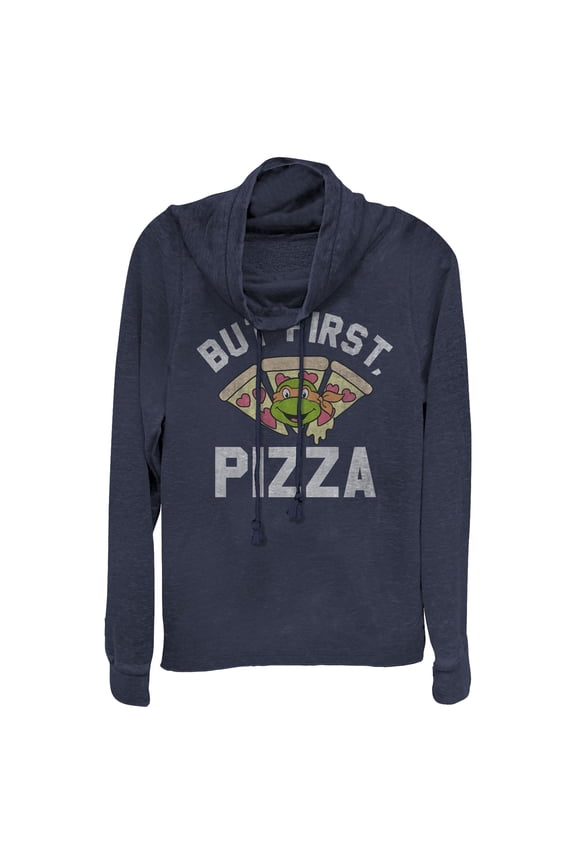 Junior's Teenage Mutant Ninja Turtles But First Pizza Cowl Neck Sweatshirt Navy Blue Large