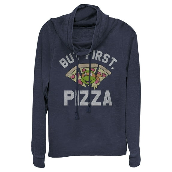 Junior's Teenage Mutant Ninja Turtles But First Pizza Cowl Neck Sweatshirt Navy Blue Small