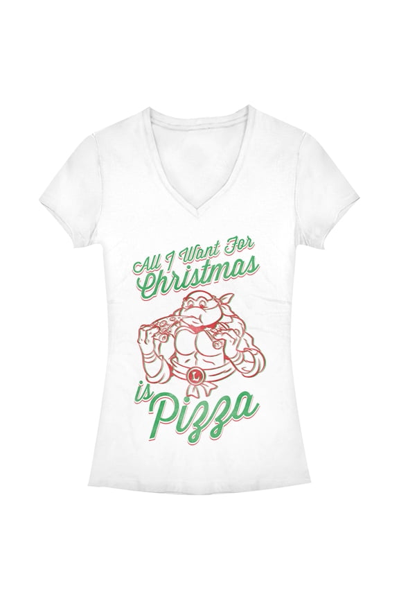 Junior's Teenage Mutant Ninja Turtles Christmas I want Pizza Graphic Tee White Large