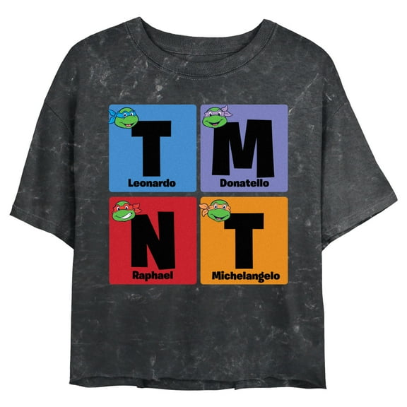 Junior's Teenage Mutant Ninja Turtles Colorful Turtle Elements Portraits Graphic Crop T-Shirt Black X Large