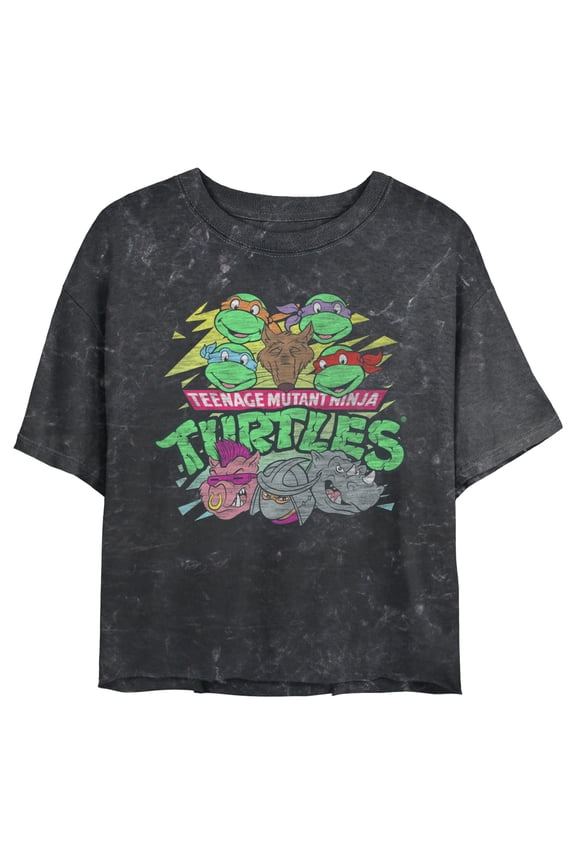 Junior's Teenage Mutant Ninja Turtles Distressed Crew Graphic Crop T-Shirt Black 2X Large