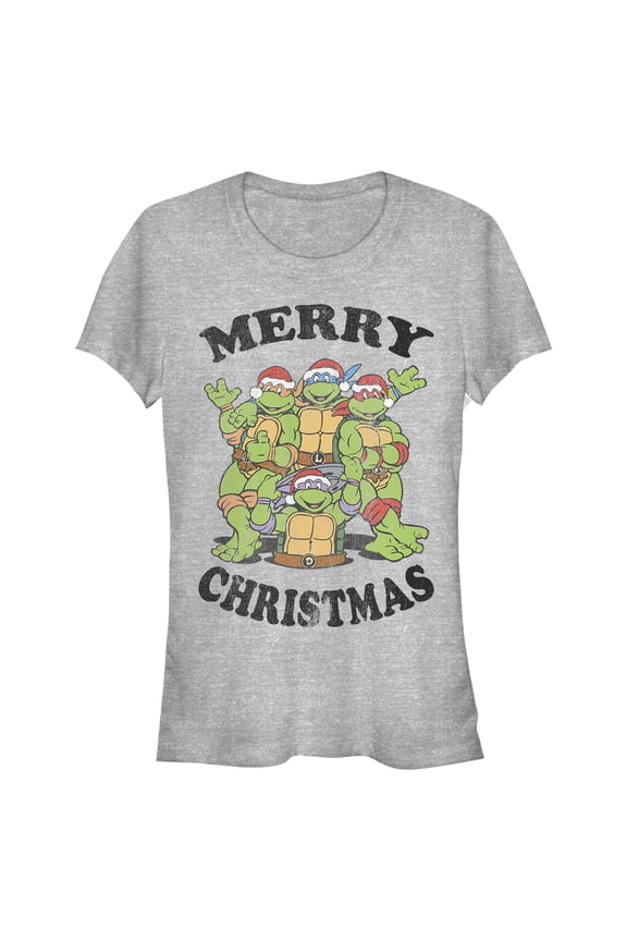 Junior's Teenage Mutant Ninja Turtles Distressed Merry Christmas Graphic Tee Athletic Heather Small