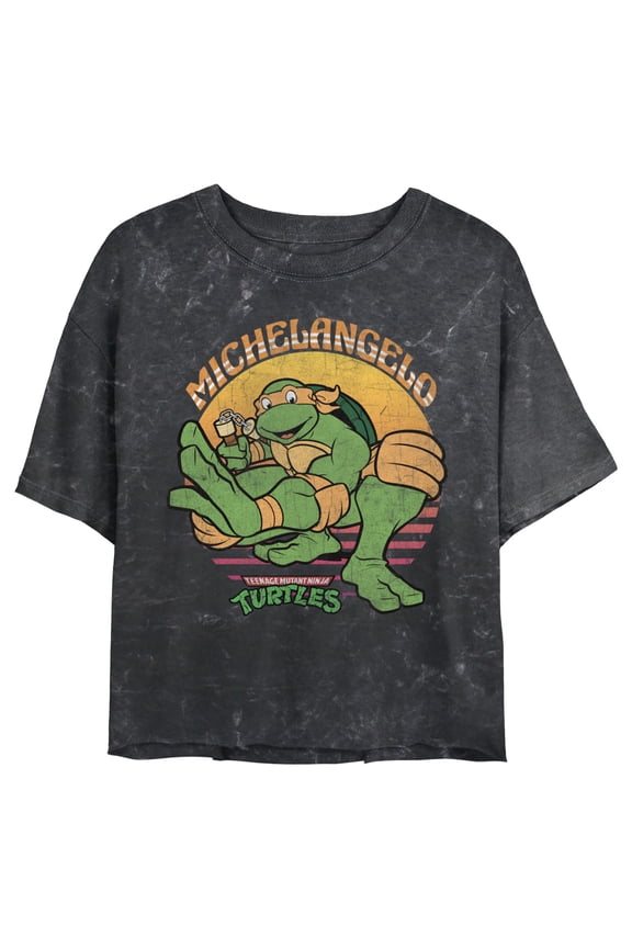 Junior's Teenage Mutant Ninja Turtles Distressed Michelangelo Sunset Graphic Crop T-Shirt Black 2X Large