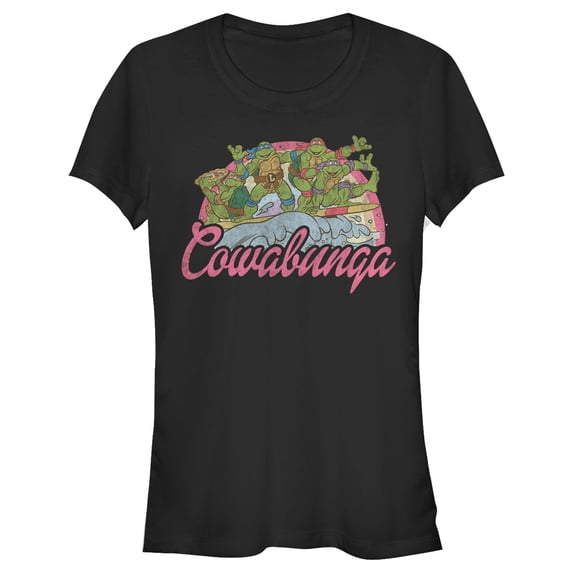 Junior's Teenage Mutant Ninja Turtles Distressed Pink Cowabunga Graphic Tee Black Medium