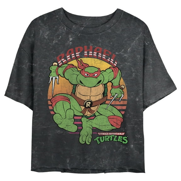 Junior's Teenage Mutant Ninja Turtles Distressed Raphael Sunset Graphic Crop T-Shirt Black X Large