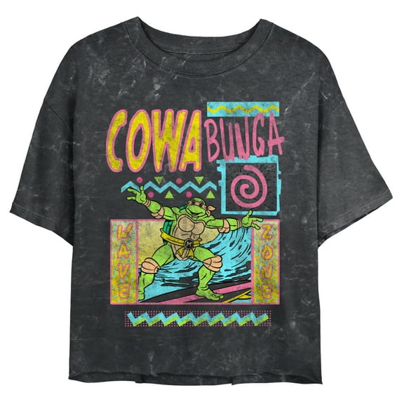 Junior's Teenage Mutant Ninja Turtles Distressed Retro Cowabunga Michelangelo Graphic Crop T-Shirt Black Large