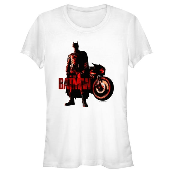 Junior's The Batman Red Batcycle  Graphic Tee White Medium