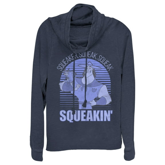 Junior's The Emperor's New Groove Kronk Squirrel Squeak  Cowl Neck Sweatshirt Navy Blue X Large