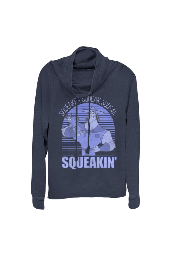 Junior's The Emperor's New Groove Kronk Squirrel Squeak Cowl Neck Sweatshirt Navy Blue X Small