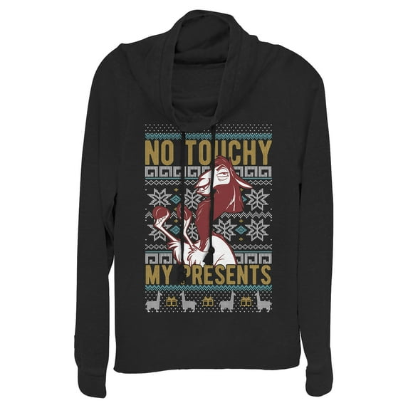 Junior's The Emperor's New Groove Ugly Christmas No Touchy Cowl Neck Sweatshirt Black X Large