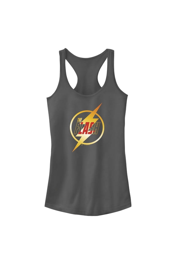 Junior's The Flash Gold Lightning Emblem Racerback Tank Top Charcoal X Small