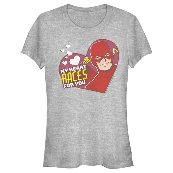 Junior's The Flash Valentine's Day My Heart Races for You  Graphic Tee Athletic Heather 2X Large
