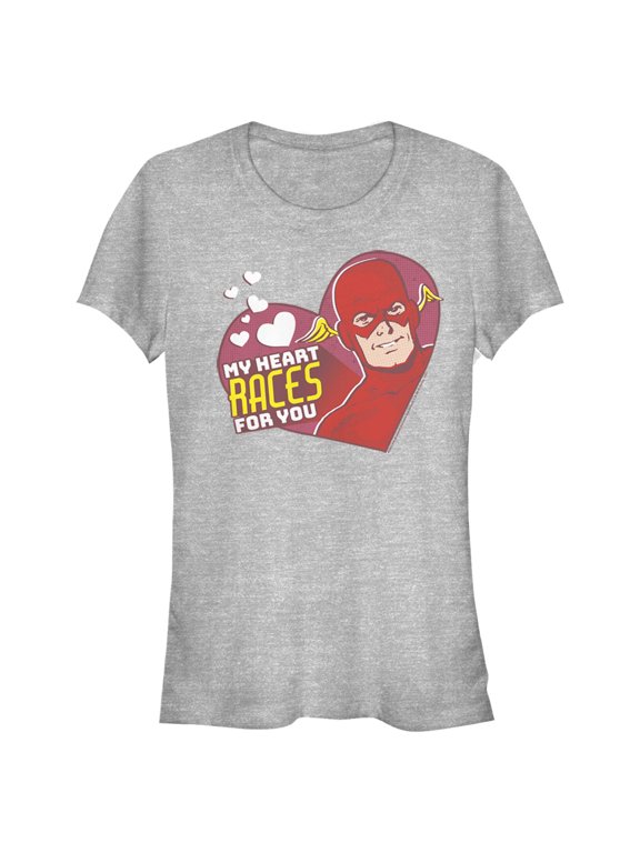 Junior's The Flash Valentine's Day My Heart Races for You Graphic Tee Athletic Heather Medium