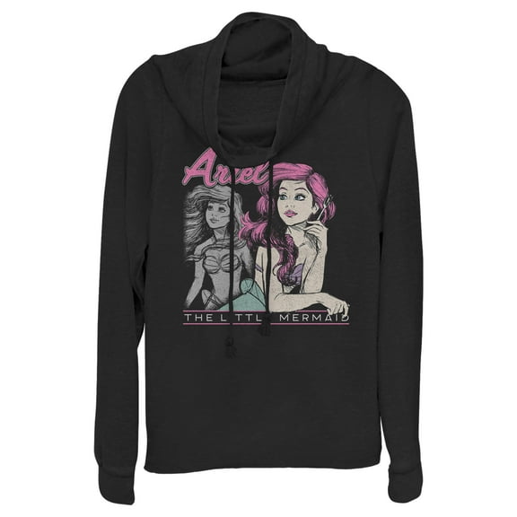 Junior's The Little Mermaid 90s Ariel Poster  Cowl Neck Sweatshirt Black 3X Large