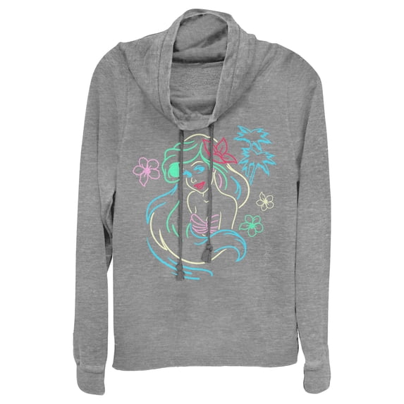 Junior's The Little Mermaid Ariel Neon Light Print Cowl Neck Sweatshirt Gray Heather Large