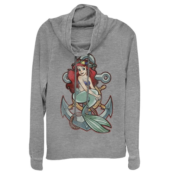 Junior's The Little Mermaid Ariel Vintage Anchor  Cowl Neck Sweatshirt Gray Heather 2X Large