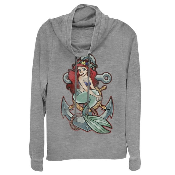 Junior's The Little Mermaid Ariel Vintage Anchor Cowl Neck Sweatshirt Gray Heather Large