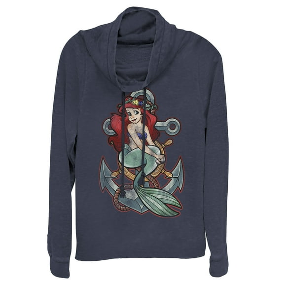 Junior's The Little Mermaid Ariel Vintage Anchor  Cowl Neck Sweatshirt Navy Blue Medium