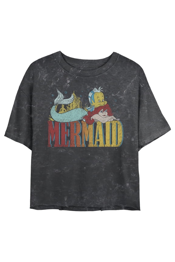 Junior's The Little Mermaid Ariel and Flounder Distressed Logo Crop Graphic Tee Black 2X Large