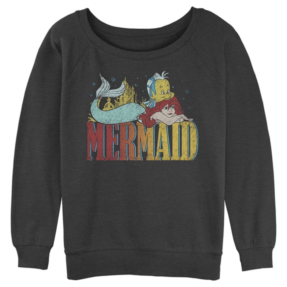 Junior's The Little Mermaid Ariel and Flounder Distressed Logo Sweatshirt Charcoal Heather X Large