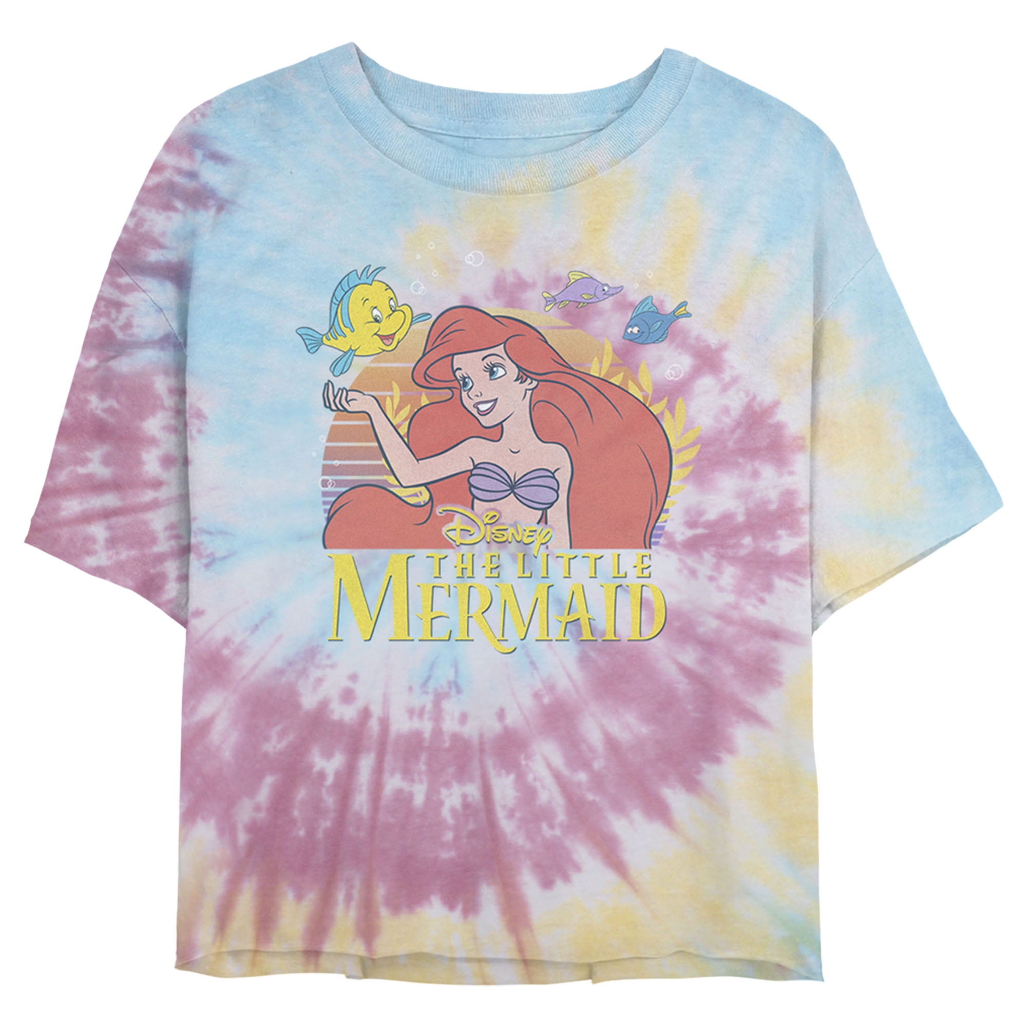 Junior's The Little Mermaid Ariel and Flounder Sunrise Crop Graphic Tee