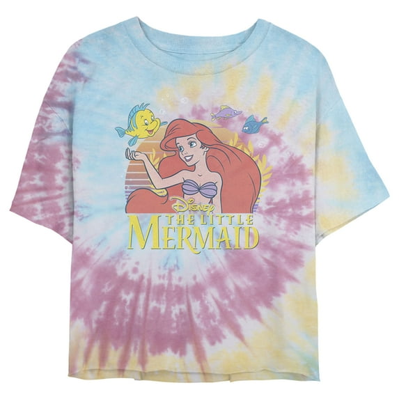 Junior's The Little Mermaid Ariel and Flounder Sunrise Crop Graphic Tee Tie Dye X Large