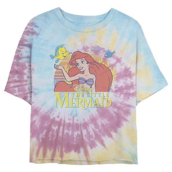 Junior's The Little Mermaid Ariel and Flounder Sunrise Crop Graphic Tee Tie Dye X Large