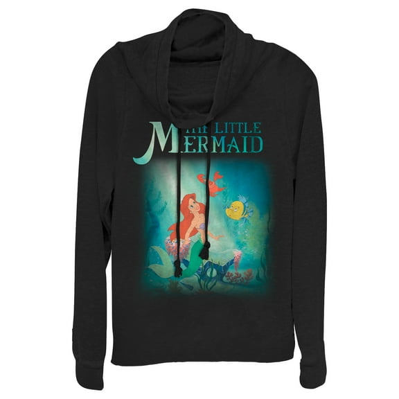 Junior's The Little Mermaid Ariel and Friends  Cowl Neck Sweatshirt Black Medium
