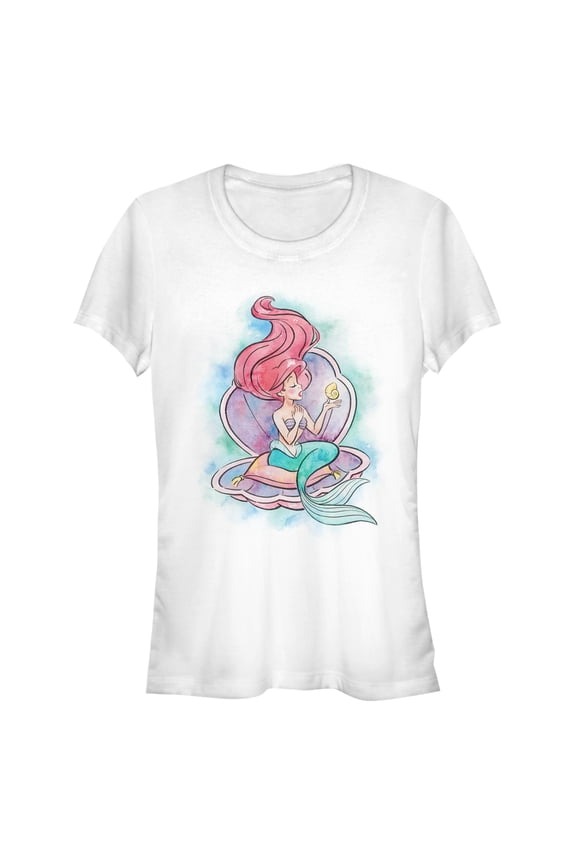 Junior's The Little Mermaid Shell Watercolor Print  Graphic Tee White Medium