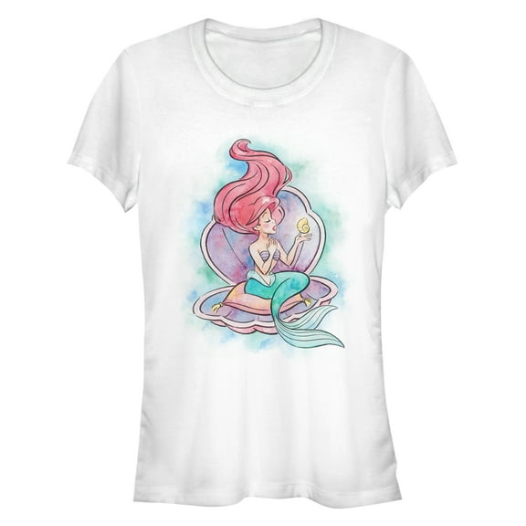 Junior's The Little Mermaid Shell Watercolor Print  Graphic Tee White Small