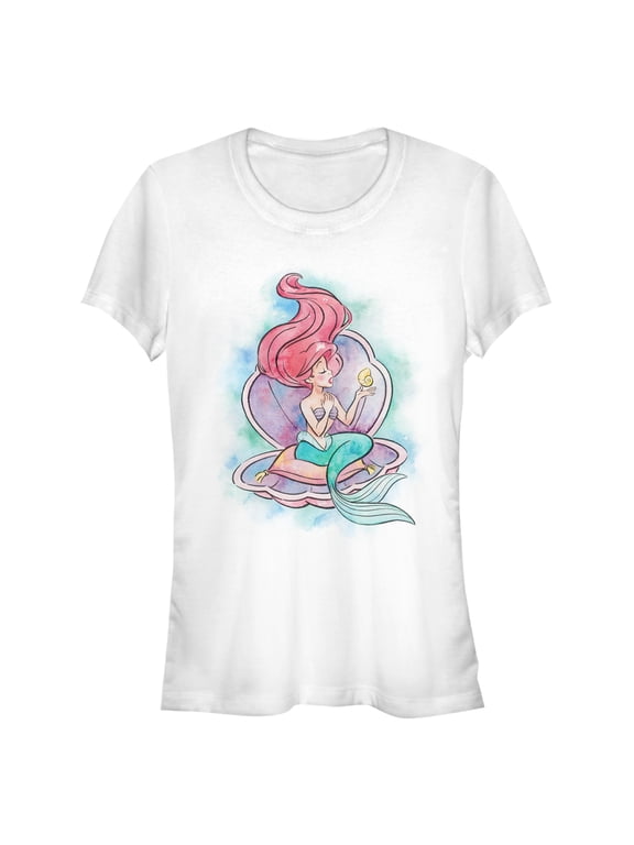 Junior's The Little Mermaid Shell Watercolor Print Graphic Tee White Small