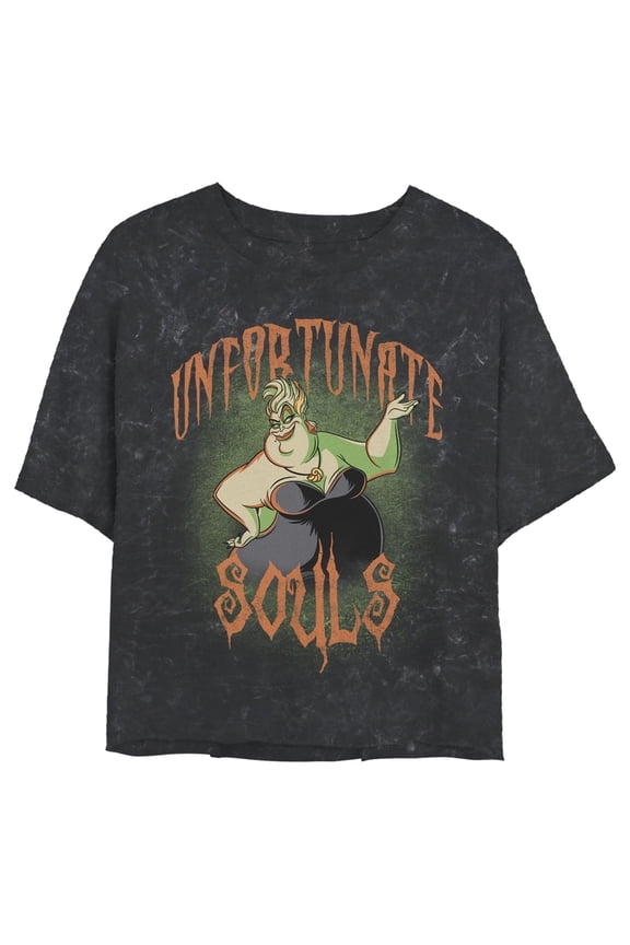 Junior's The Little Mermaid Villains Ursula Unfortunate Souls Motto Crop Graphic Tee Black Mineral Wash 2X Large