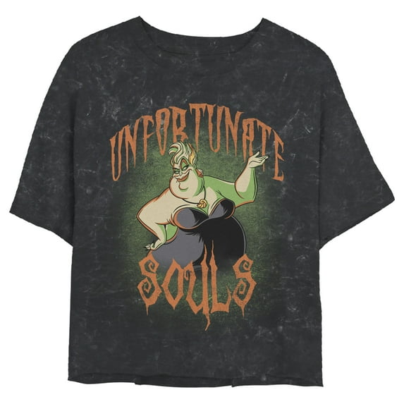 Junior's The Little Mermaid Villains Ursula Unfortunate Souls Motto Crop Graphic Tee Black Mineral Wash X Large