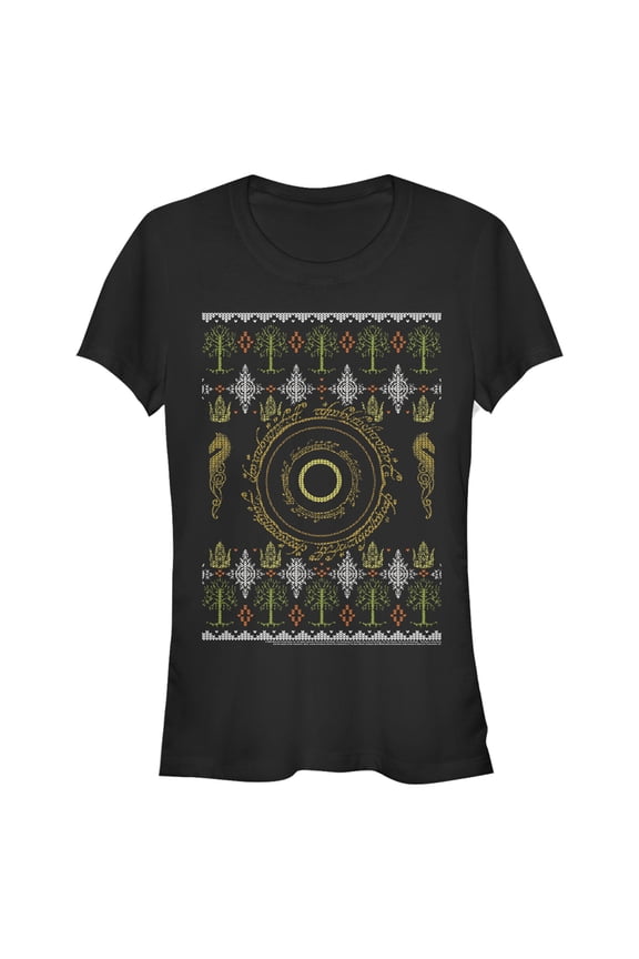 Junior's The Lord of the Rings Fellowship of the Ring Christmas Sweater Ring Graphic Tee Black Small