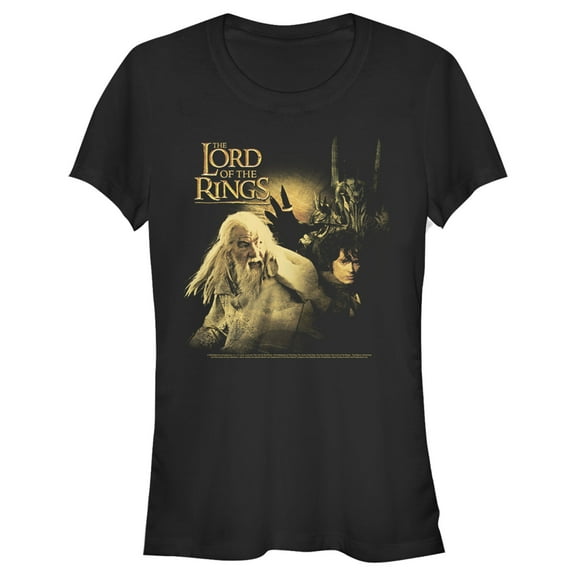 Junior's The Lord of the Rings Fellowship of the Ring Gandalf Frodo and Sauron Logo  Graphic Tee Black 2X Large