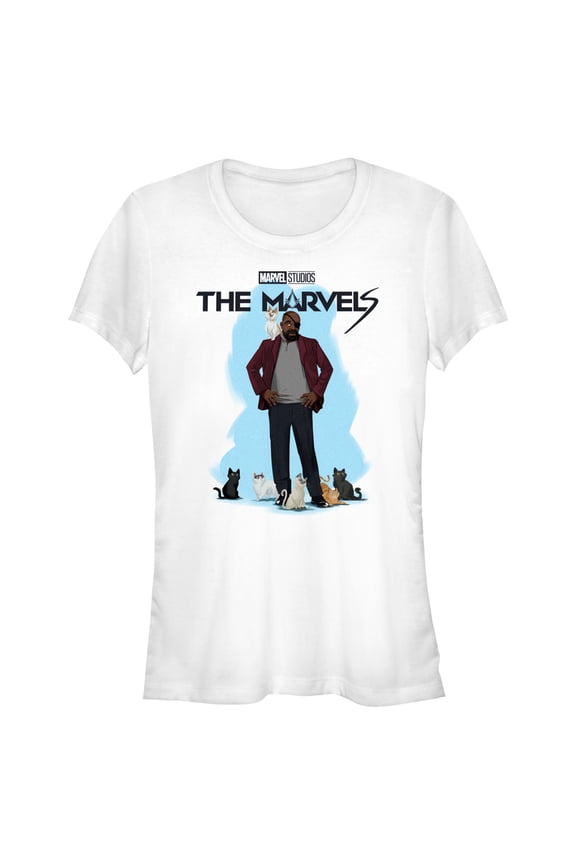 Junior's The Marvels Nick Fury and Cats  Graphic Tee White Small