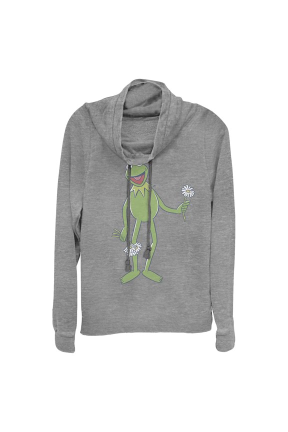 Junior's The Muppets Flower Power Cowl Neck Sweatshirt Gray Heather Large