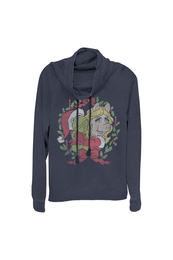 Junior's The Muppets Kermy and Piggy  Cowl Neck Sweatshirt Navy Blue Small