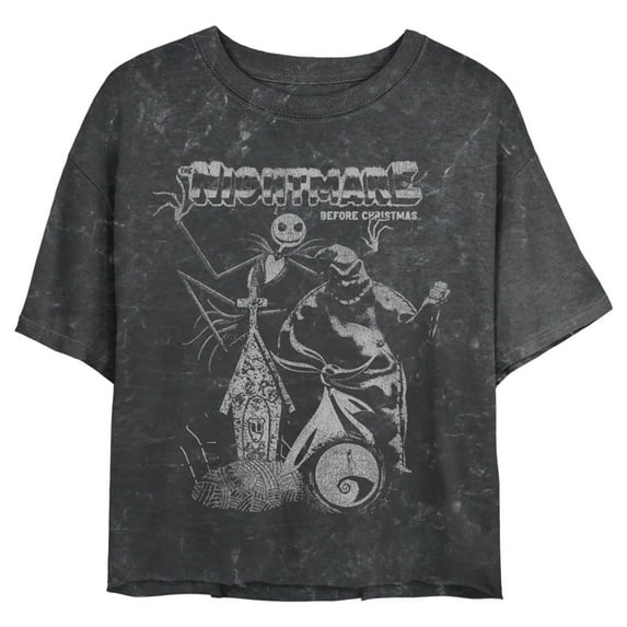 Junior's The Nightmare Before Christmas Jack and Oogie Boogie Distressed Logo Graphic Crop T-Shirt Black Medium