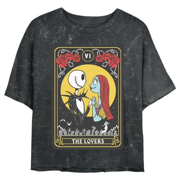 Junior's The Nightmare Before Christmas VI The Lovers Tarot Card Graphic Crop T-Shirt Black 2X Large