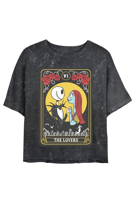 Junior's The Nightmare Before Christmas VI The Lovers Tarot Card Graphic Crop T-Shirt Black 2X Large